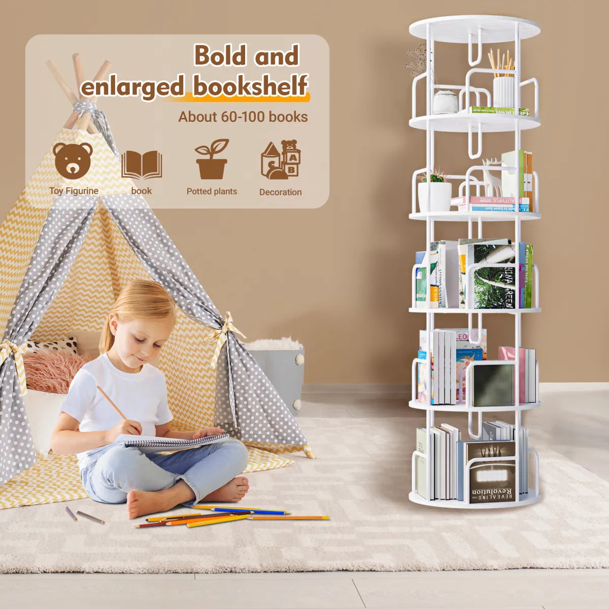 5-Tier Rotating Spinning Bookcase Tower, White