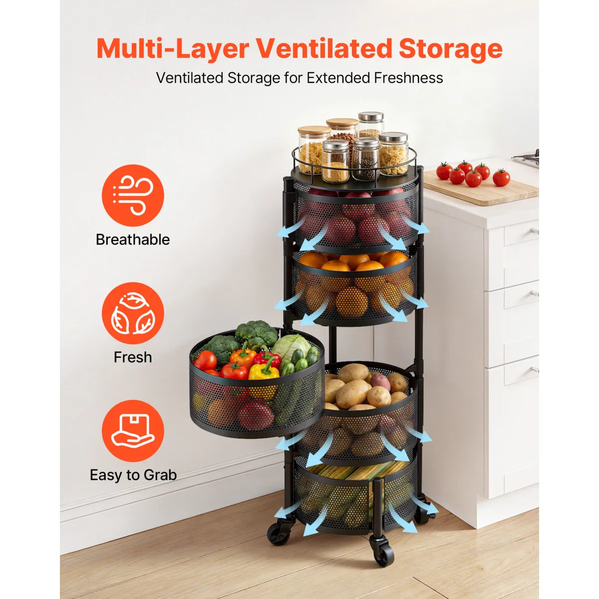 Rotating 5-Tier Storage Rack Cart – Fruit and Vegetable Kitchen Organizer