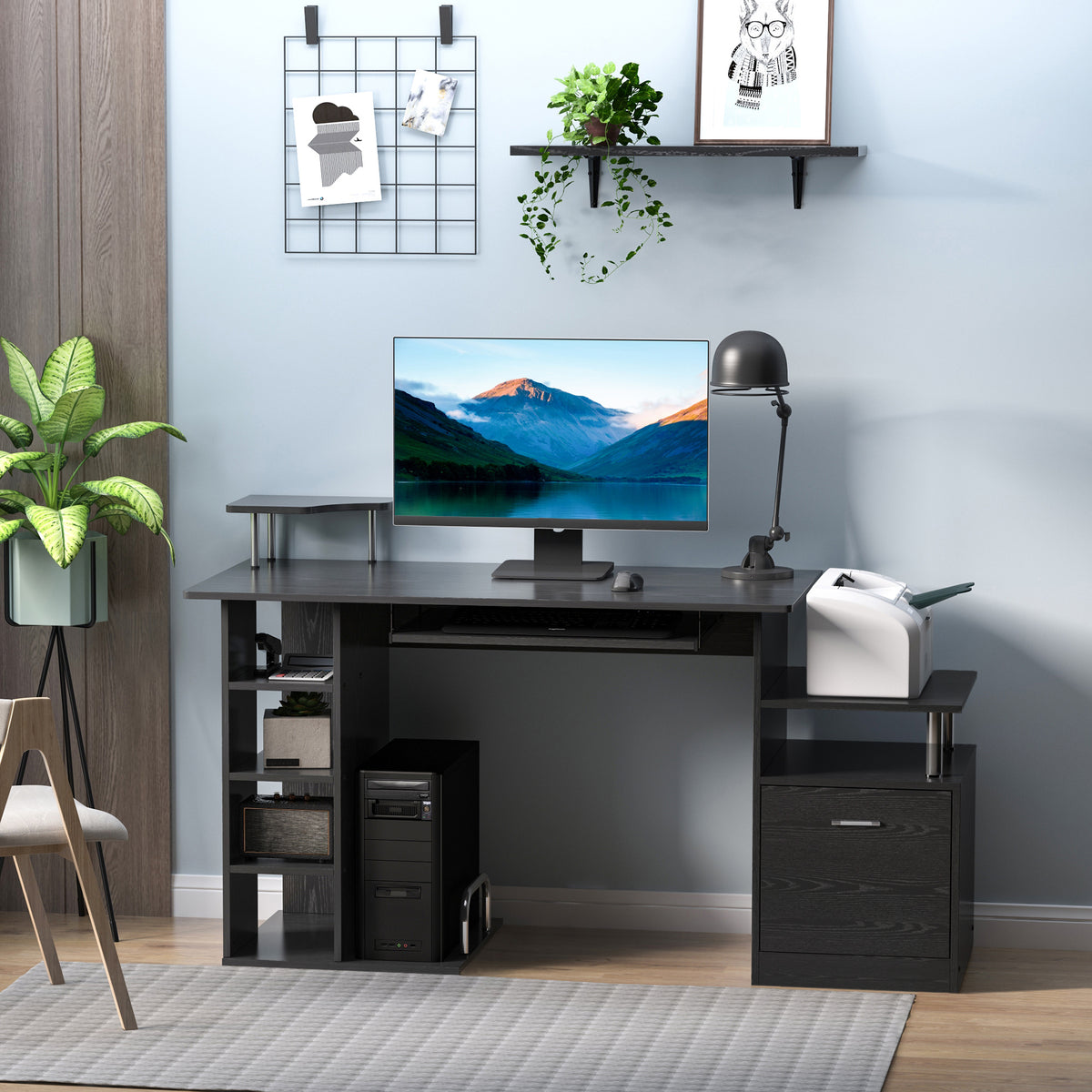 PC workstation desk with CPU and printer storage