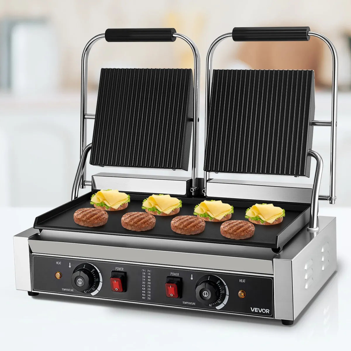 Commercial Panini Press – Large Electric Sandwich Grill with Ribbed Plates