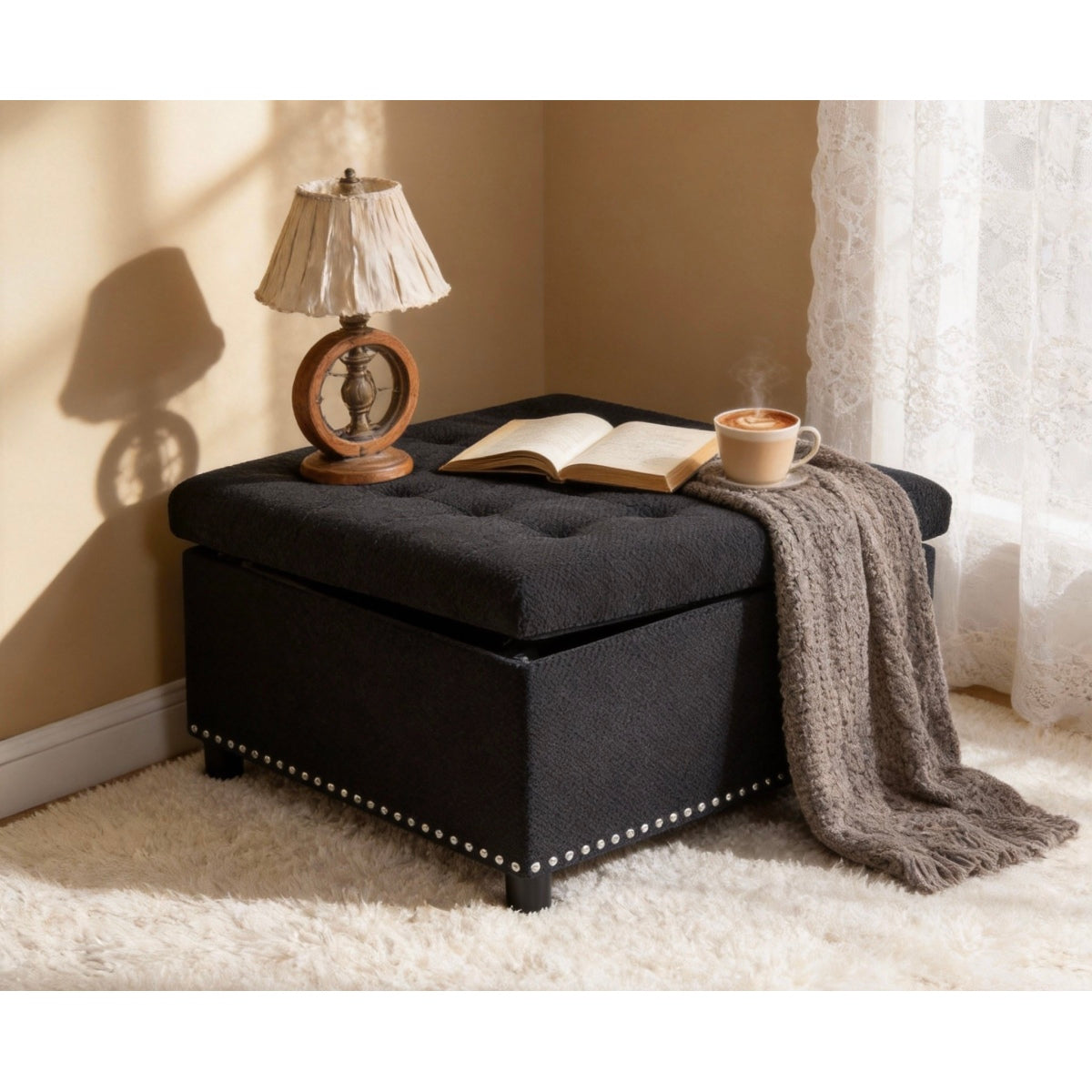 Tufted Storage Ottoman - nailhead trim detail