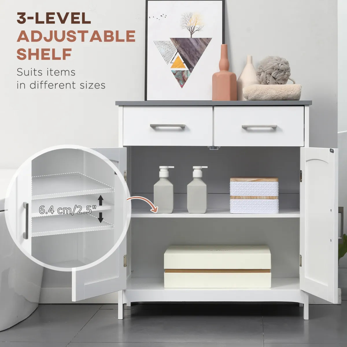 Bathroom Floor Cabinet, Freestanding Linen Cabinet, White