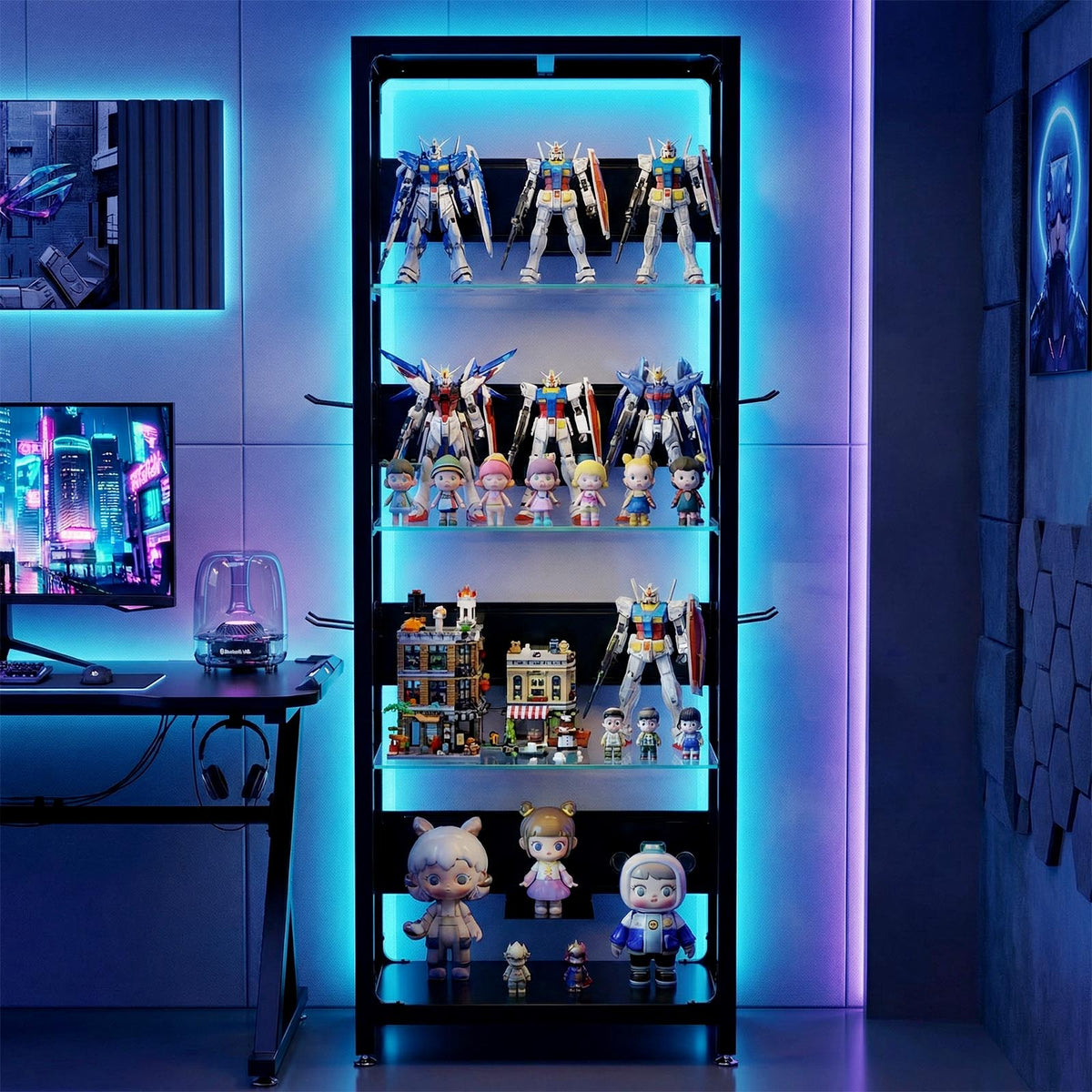 4-tier RGB LED glass display shelf, black