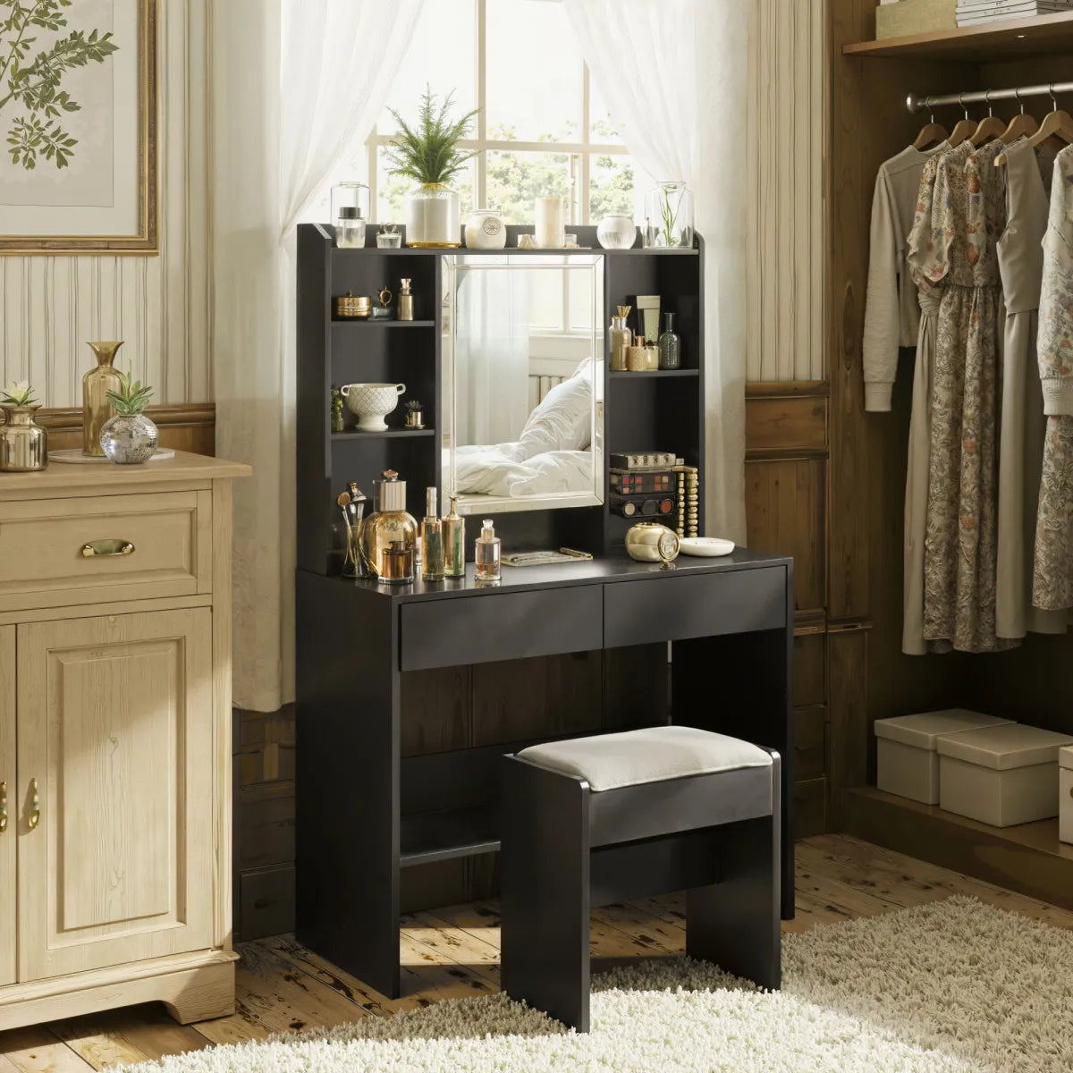 LED Lighted Vanity Desk with Mirror & Stool, Black – view 5