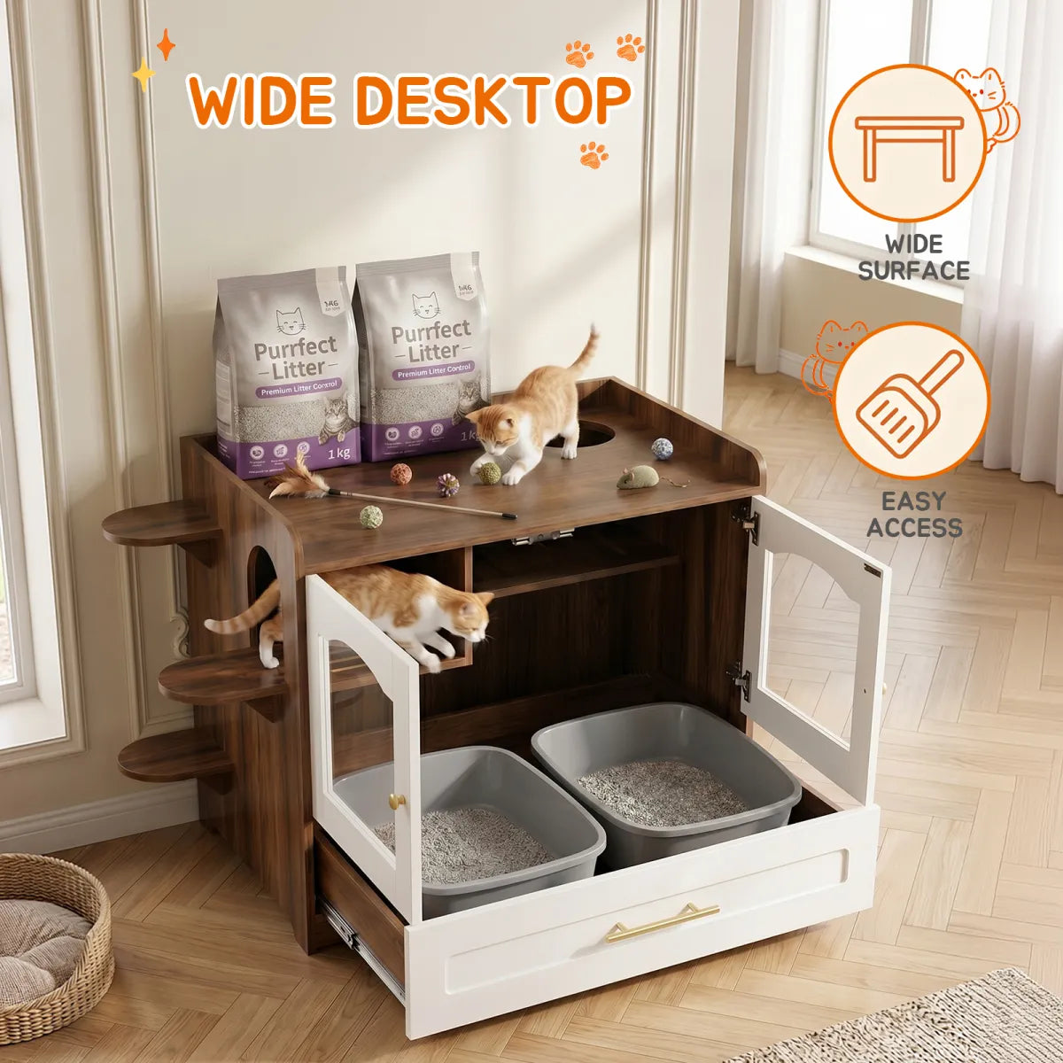 Cat Litter Box Enclosure Cabinet with Acrylic Door, Brown White