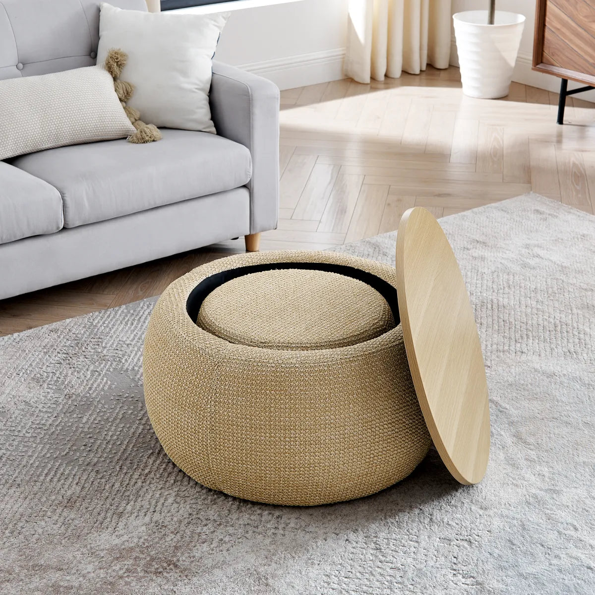 Round Woven Rattan Storage Ottoman with End Table Top – view 5