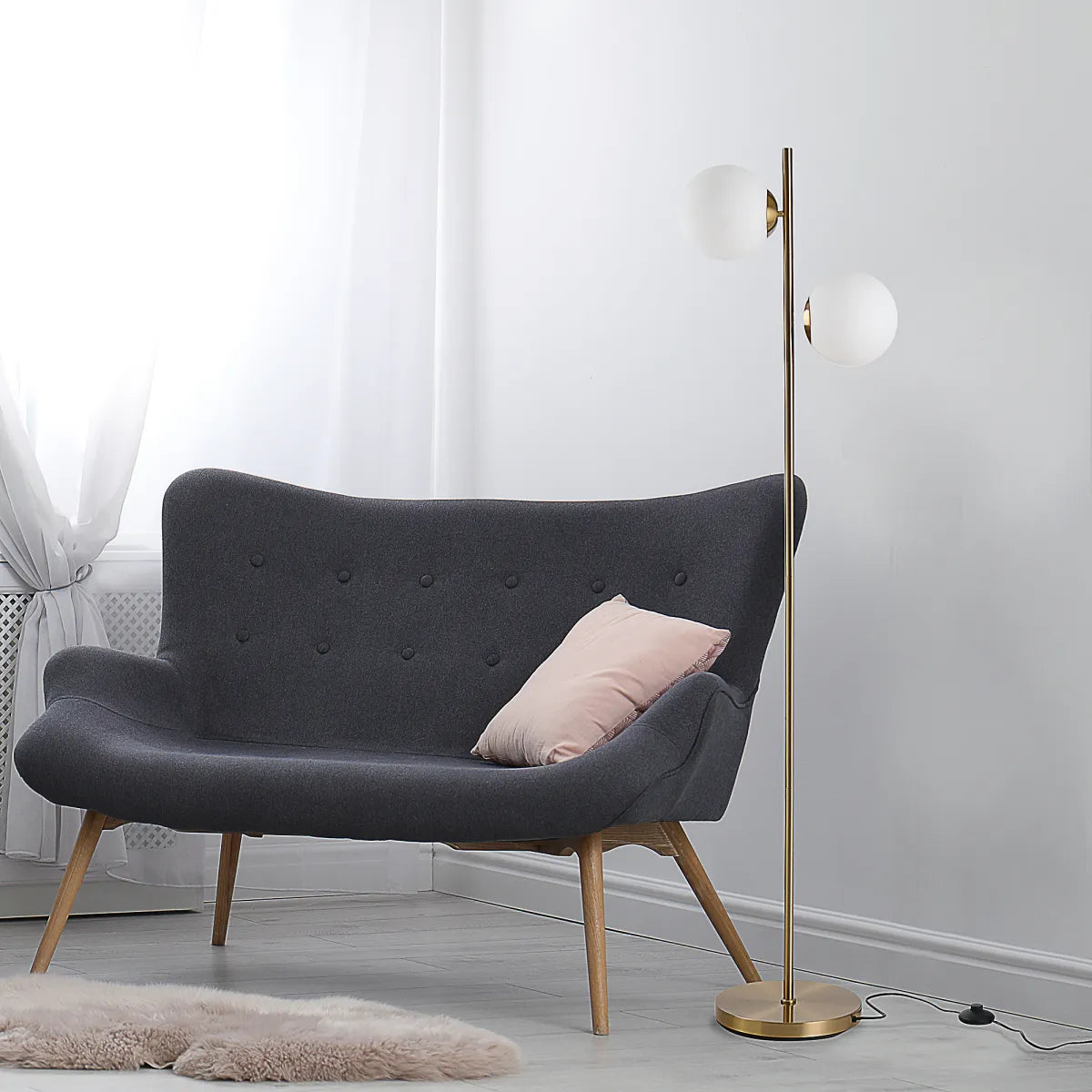 Modern Floor Lamp with 2 Glass Shades – Decorative Standing Lamp