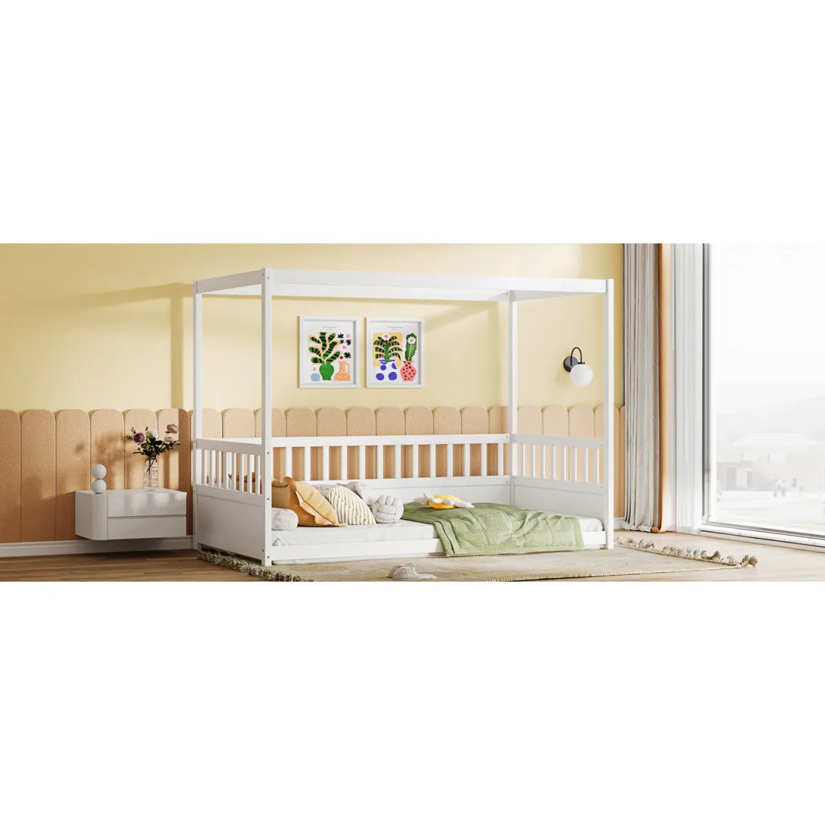 Twin Canopy Bed Frame with Guardrails, Kids Montessori Floor Bed – view 4