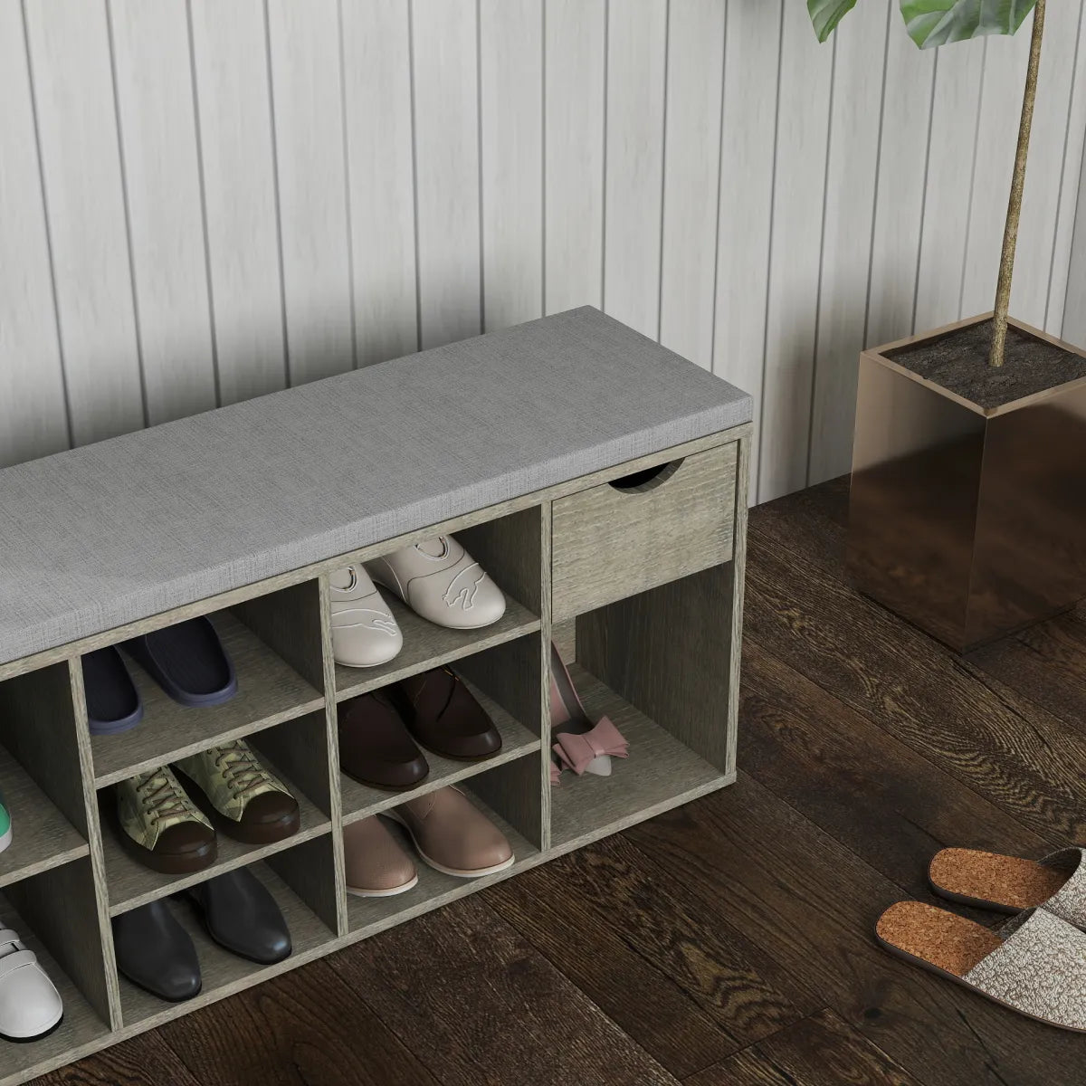 Storage Bench – 3-Tier Shoe Rack Entryway Bench with Padded Cushion & Drawer, Gray – view 6