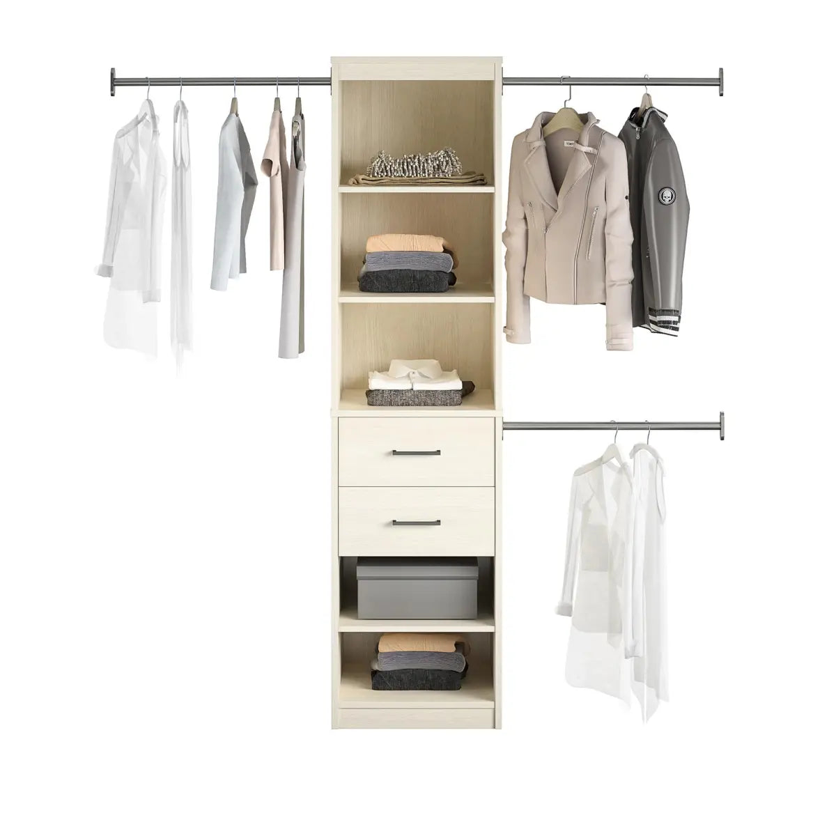 5-Shelf Closet Organizer with 2 Drawers and Adjustable Hanging Rods, Ivory