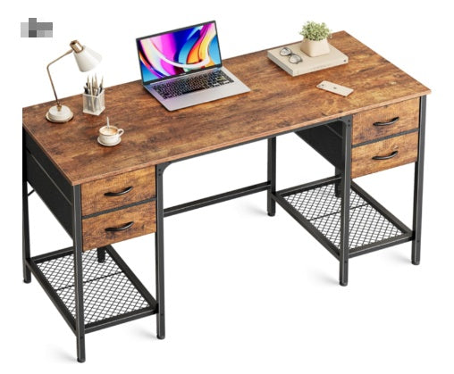 Computer desk with 4 drawers and mesh shelves, brown