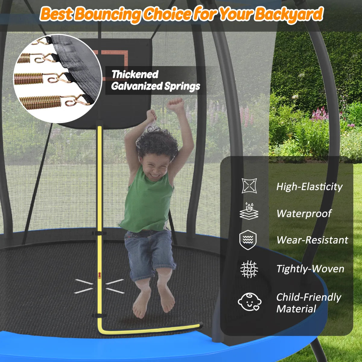 Outdoor Trampoline with Basketball Hoop, Safety Enclosure Net and Ladder for Kids, Blue