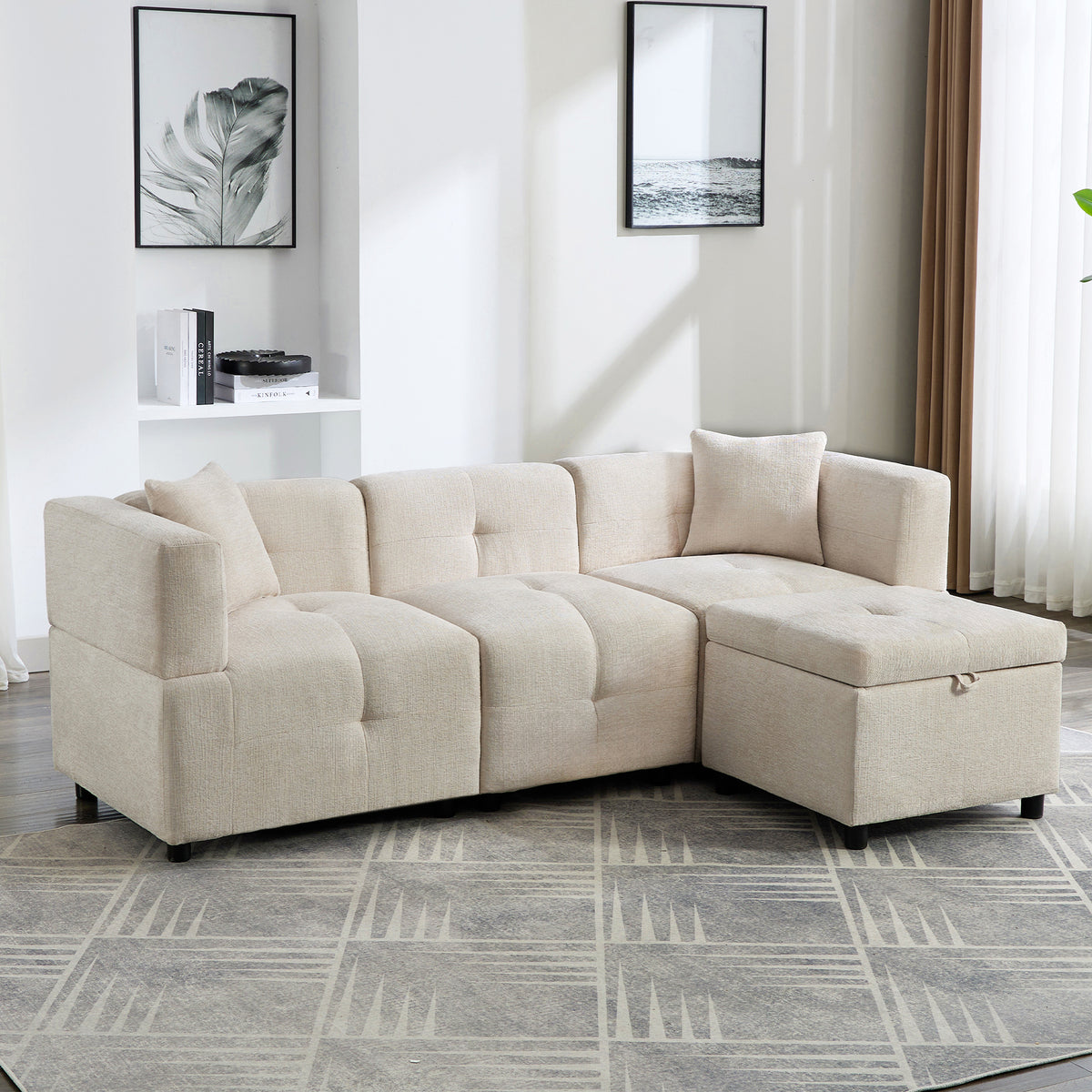 L-shaped corner sofa with modular footstool, beige
