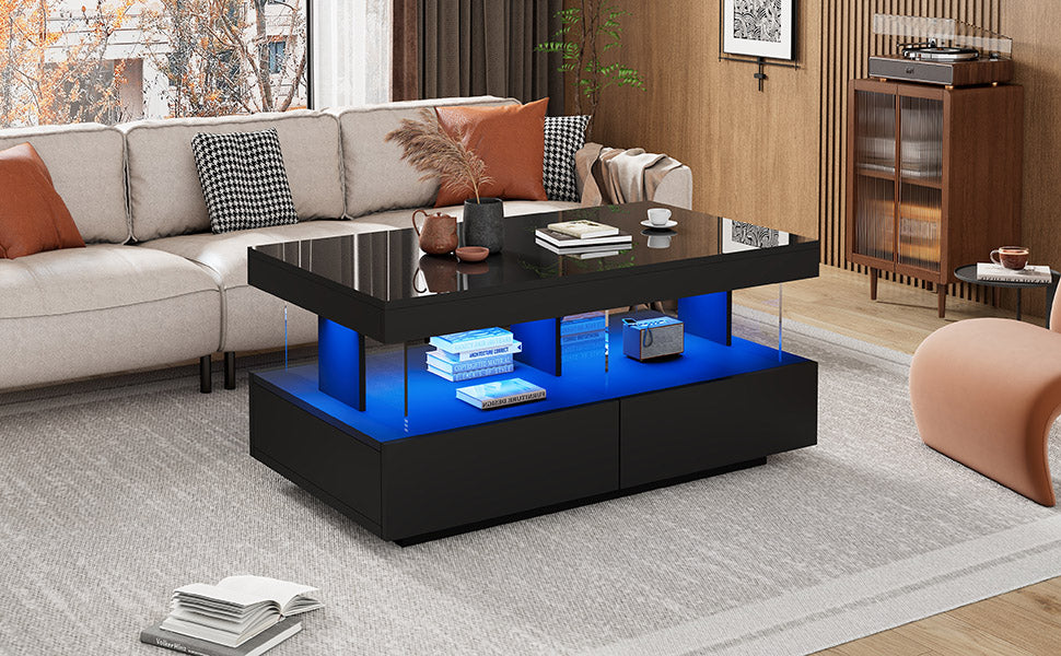 High-gloss LED coffee table with drawers, black