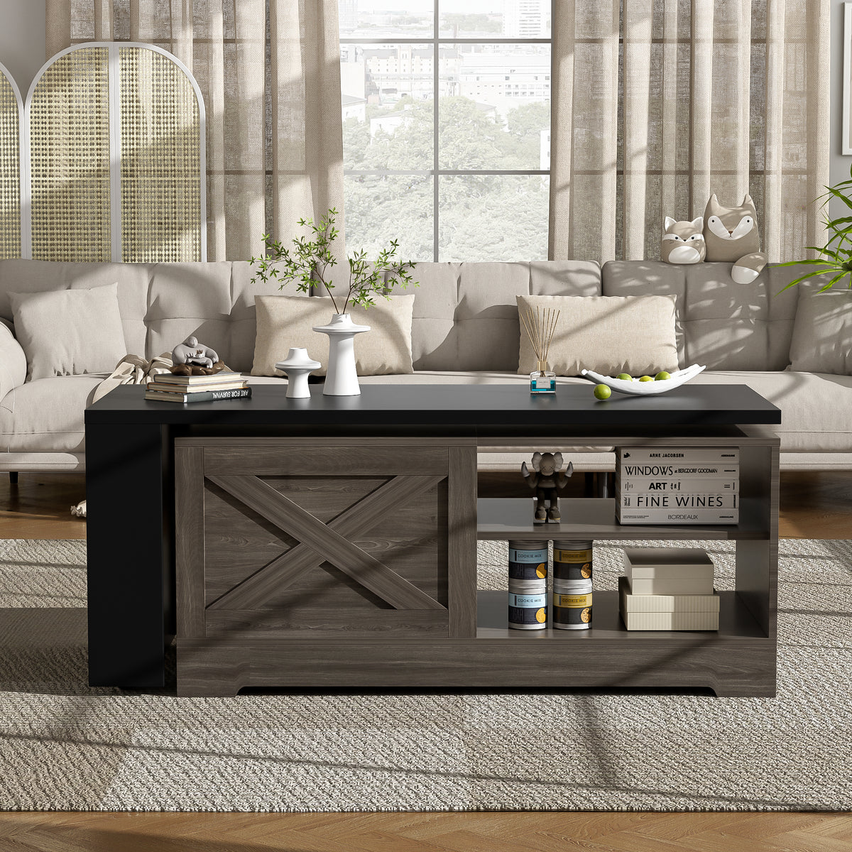 Farmhouse Lift-Top Coffee Table with Barn Doors, Brown/Black – alternate view 4