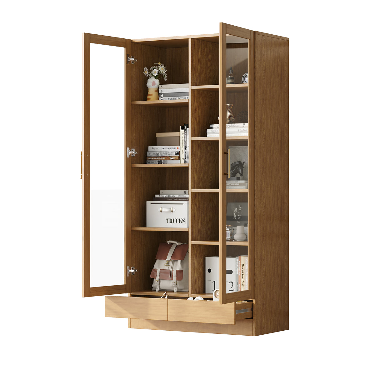 Tall glass display cabinet with drawer