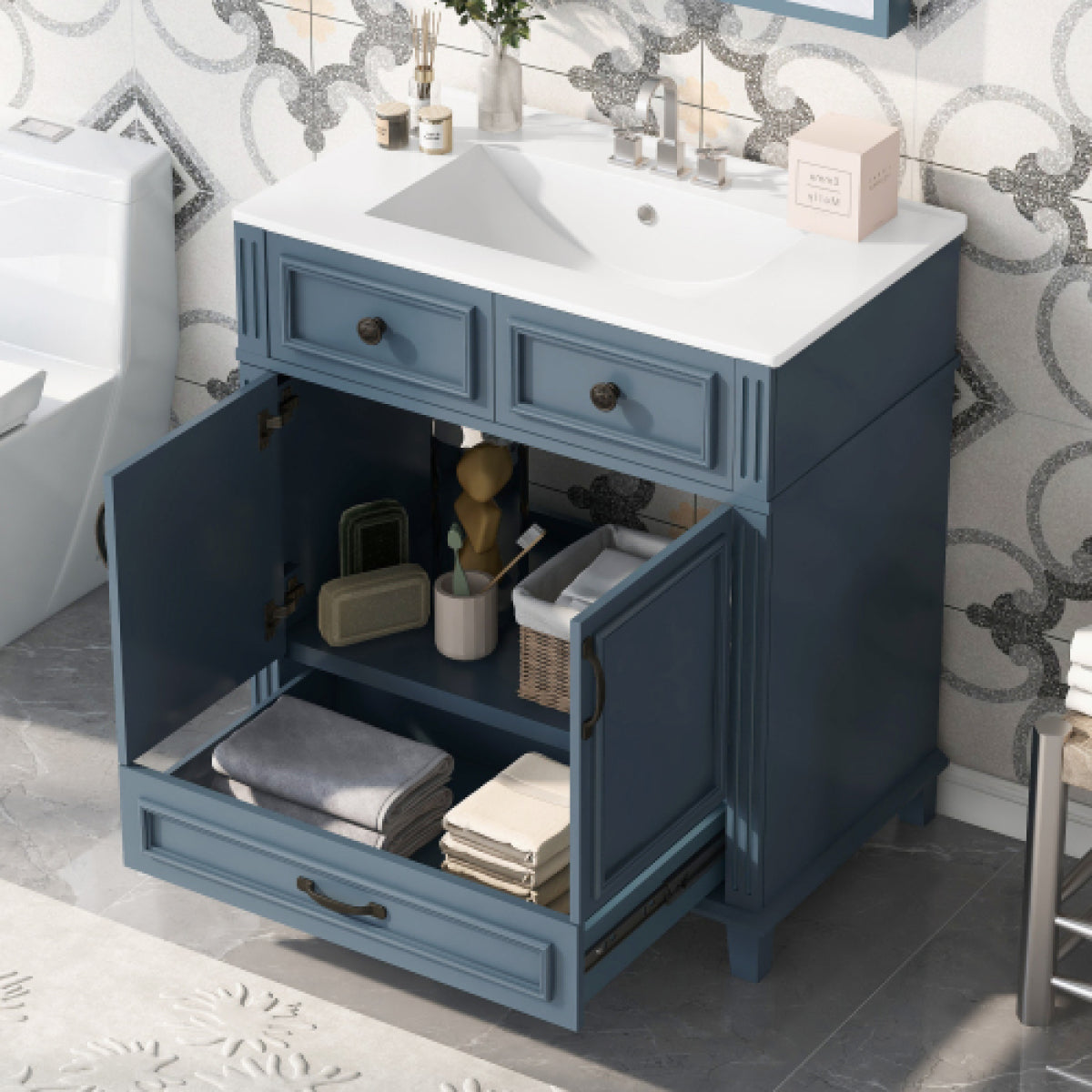 30" Ceramic Sink Bathroom Vanity – Solid Wood Frame, Retro Blue Bathroom Storage – view 8