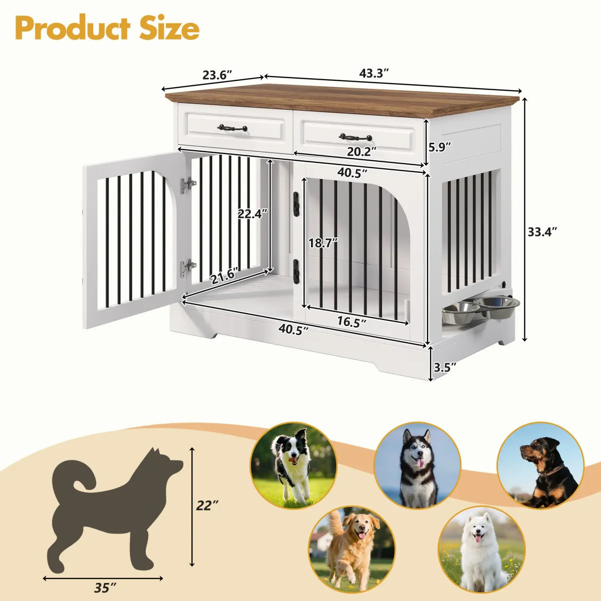 Farmhouse Dog Crate Furniture with Storage Drawers, White Brown