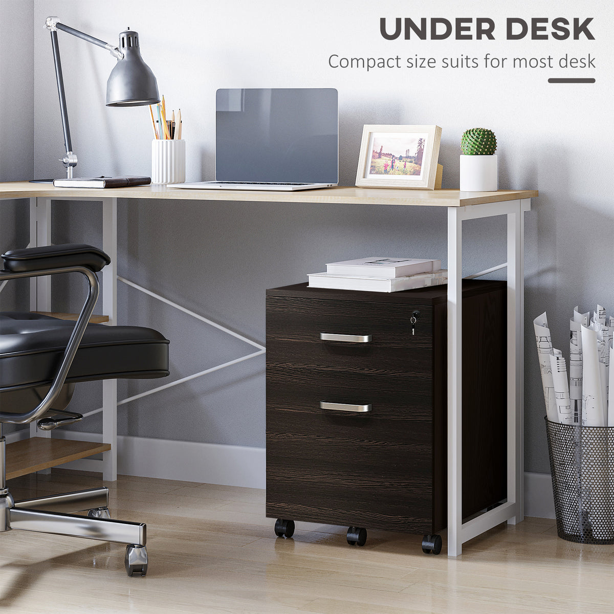 Compact rolling filing cabinet, black wood grain