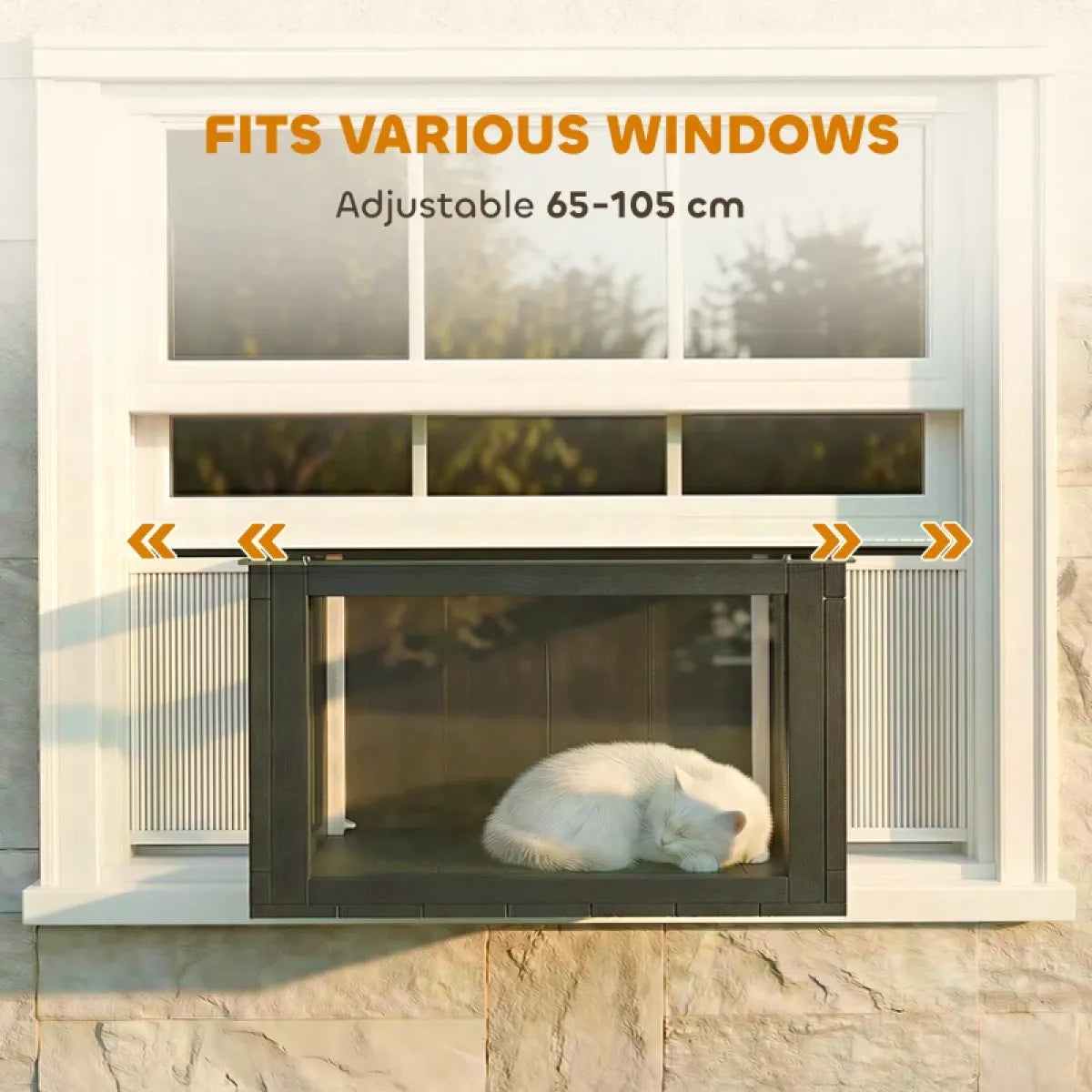 Window-Mounted Outdoor Cat Enclosure with Acrylic Viewing Dome, Black and White