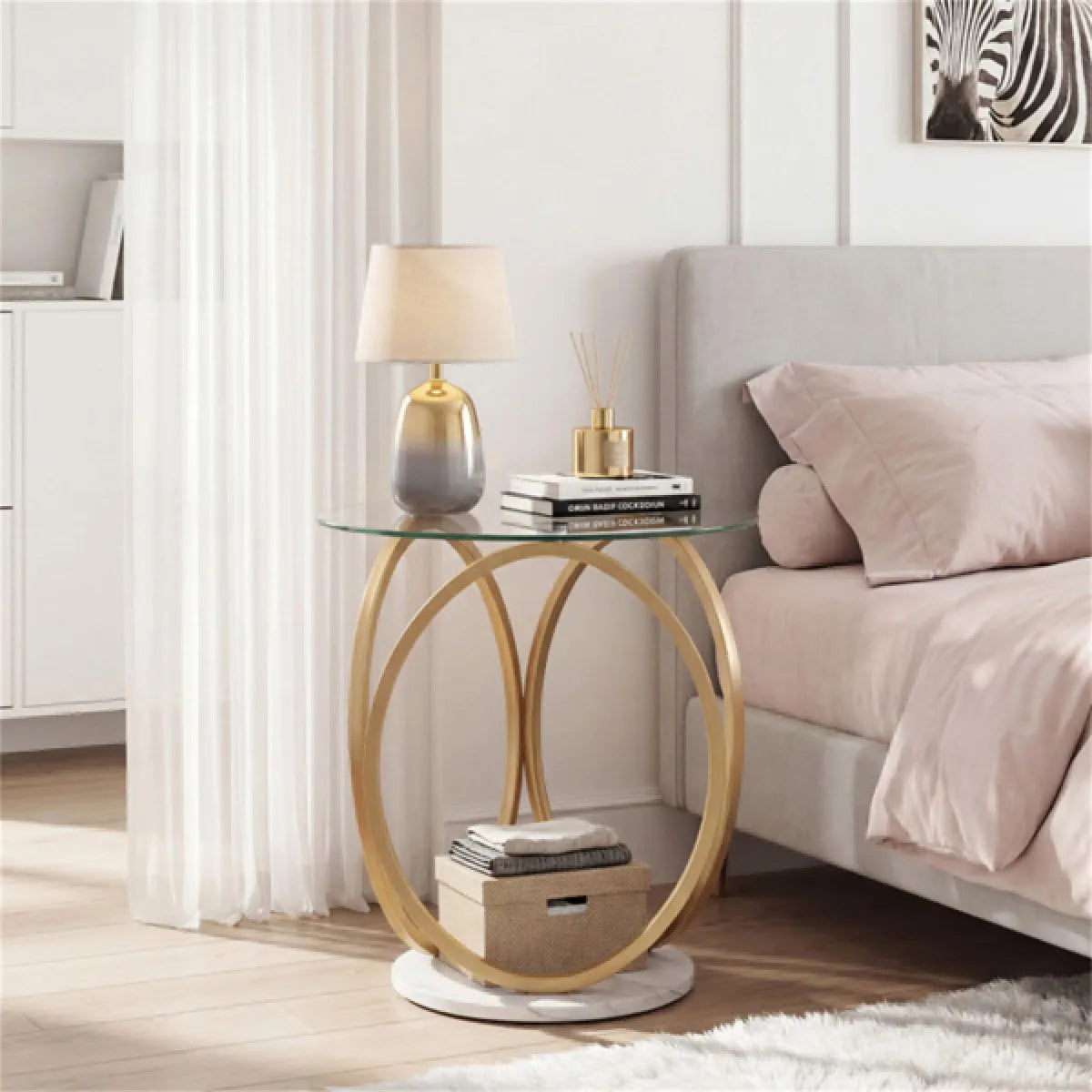 2-Tier Glass Top Side Table with Faux Marble Base – view 8