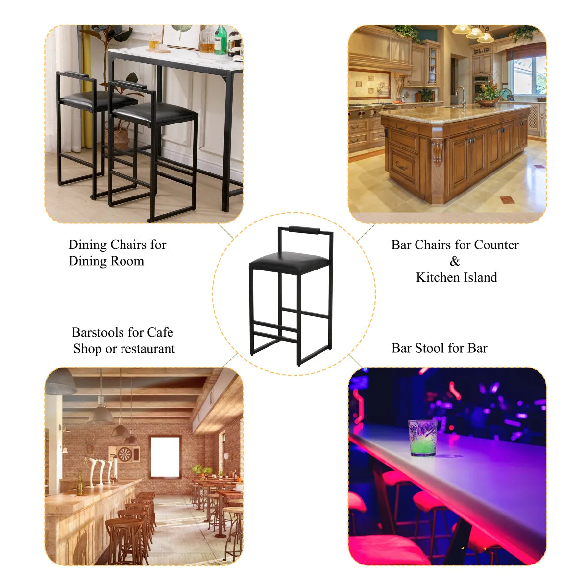 Industrial Black Metal Bar Stools with Backrest, Set of 2