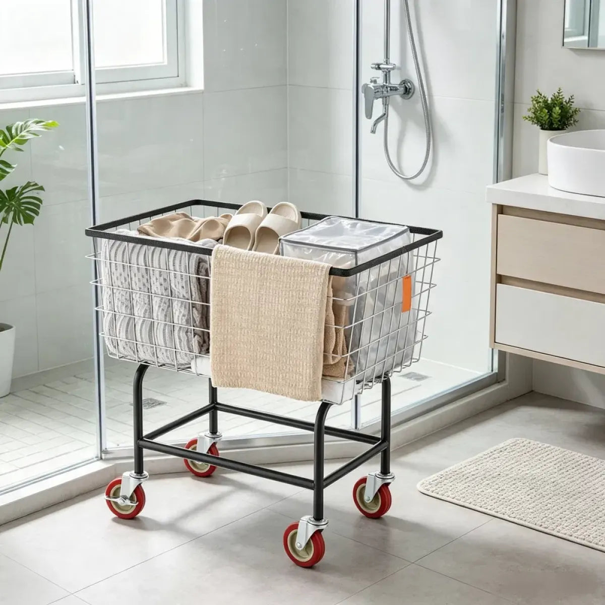 Commercial Grade Wire Laundry Cart with Wheels, 2.8 Bushel Rolling Basket