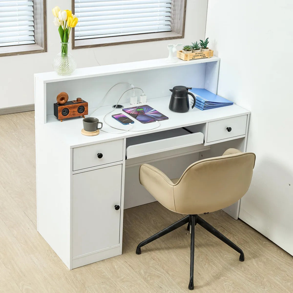Modern Reception Desk with LED Lighting and Drawers, White