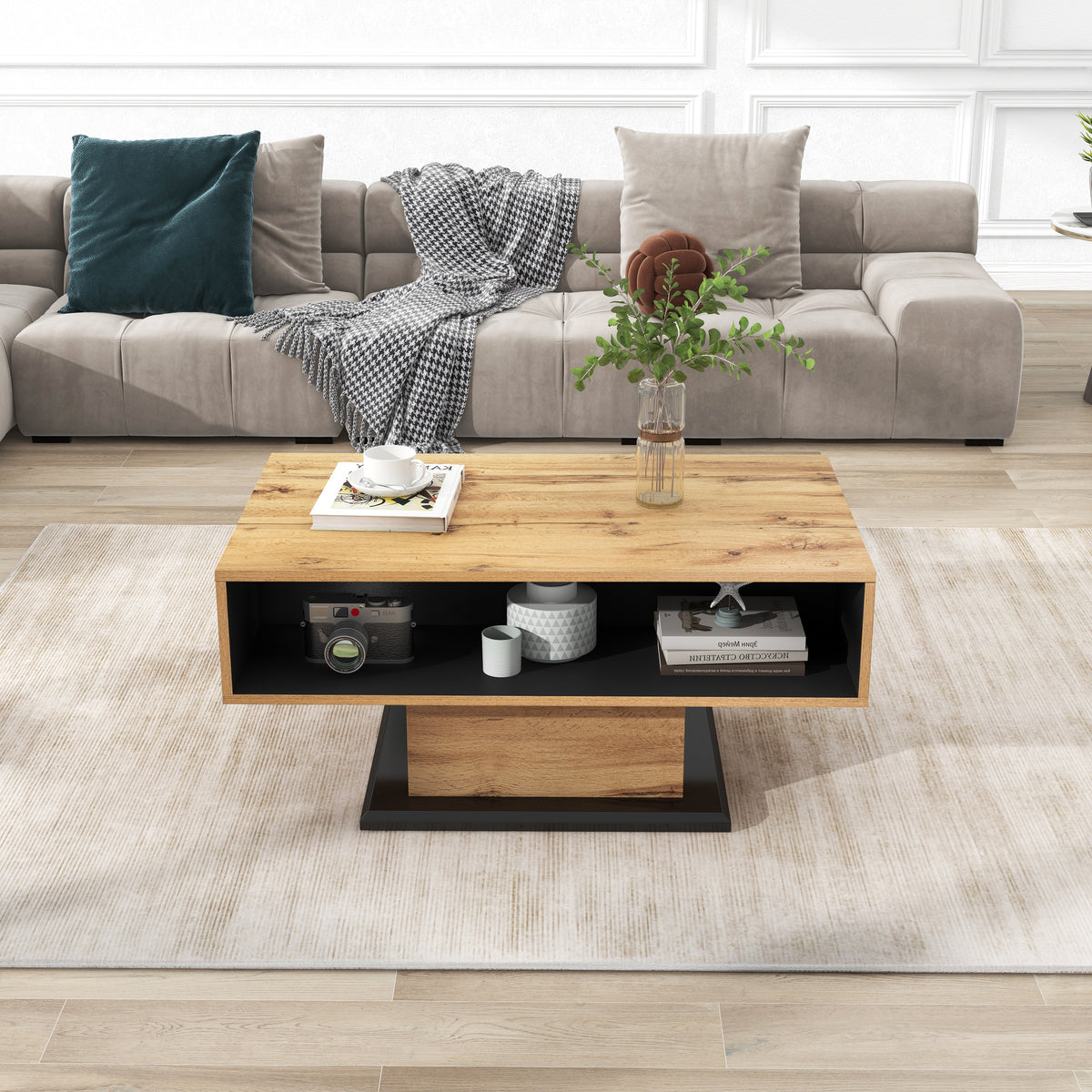 Wood grain coffee table with double-sided storage