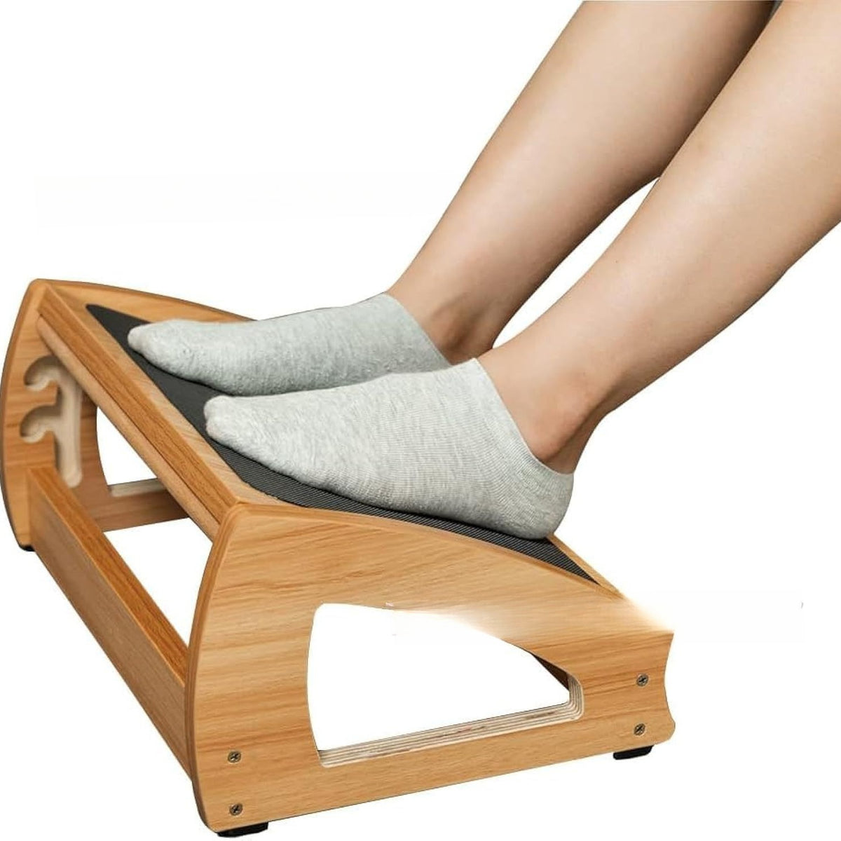 Adjustable wooden footstool for under desk