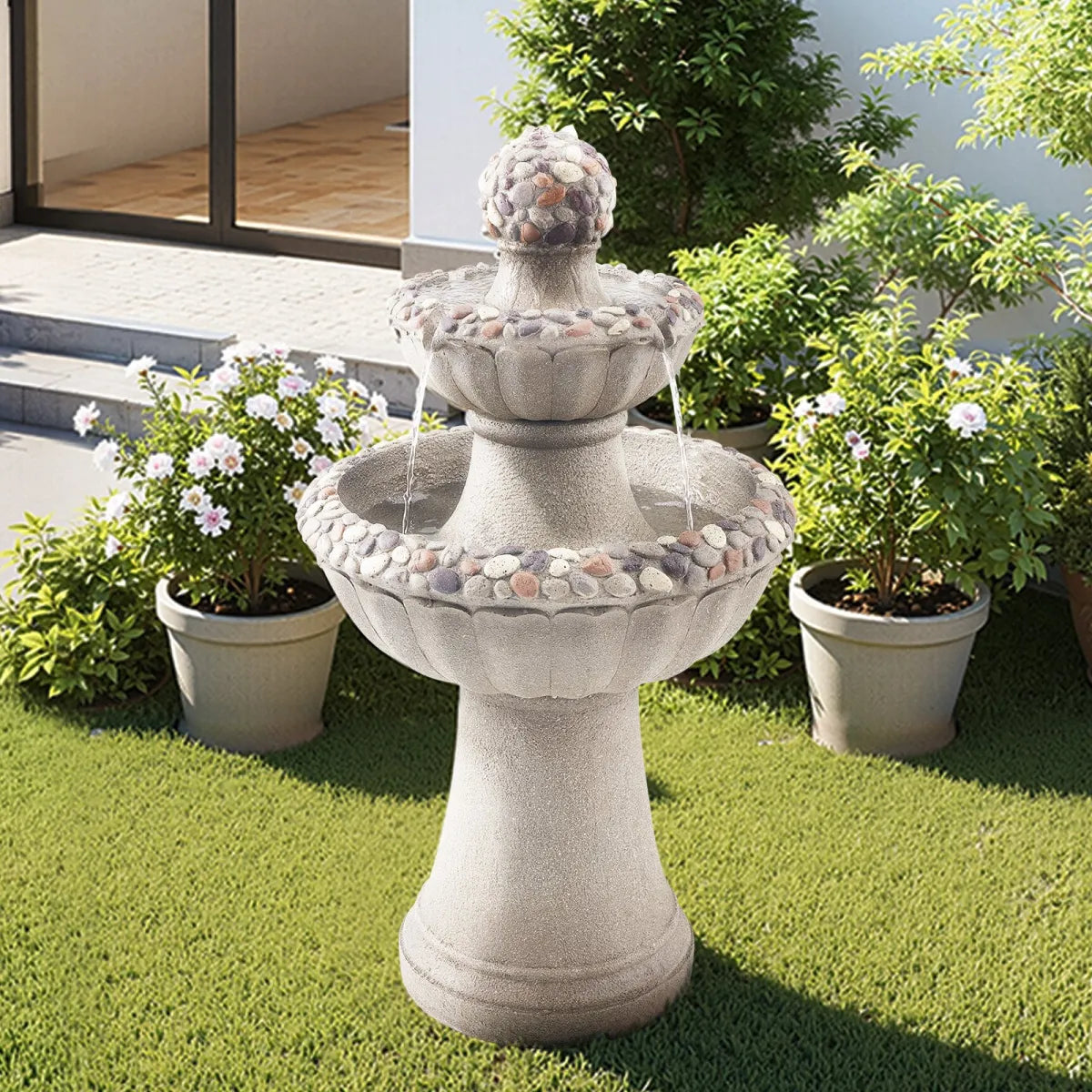 2-Tier Rock Base Outdoor Water Fountain with Cascading Bowls