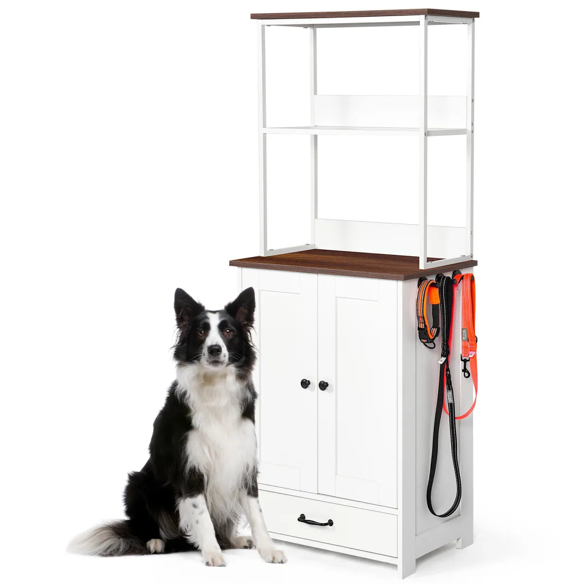 Pet Feeding Station with Bowls and Storage, Dark Brown White