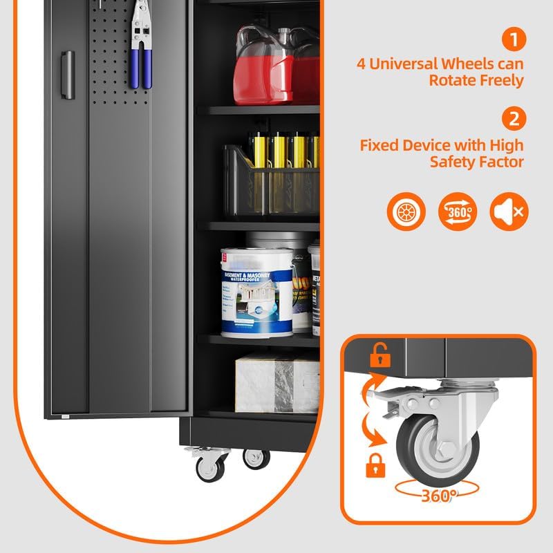 Lockable metal storage cabinet with pegboard, black