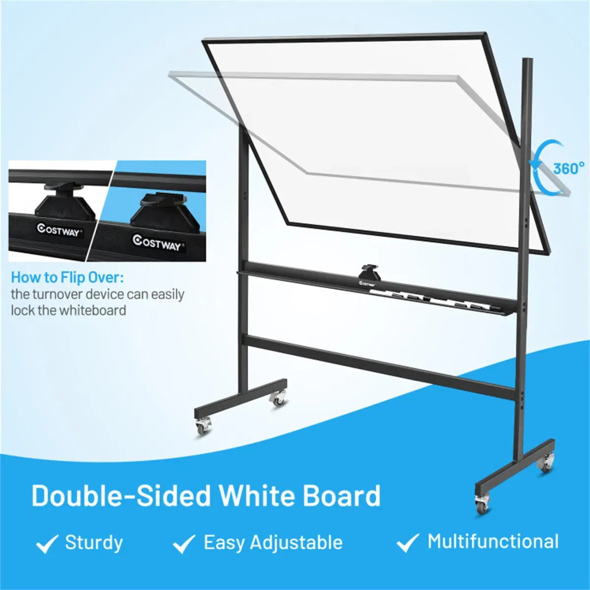 Mobile Magnetic Whiteboard on Wheels, Height Adjustable Double-Sided Reversible