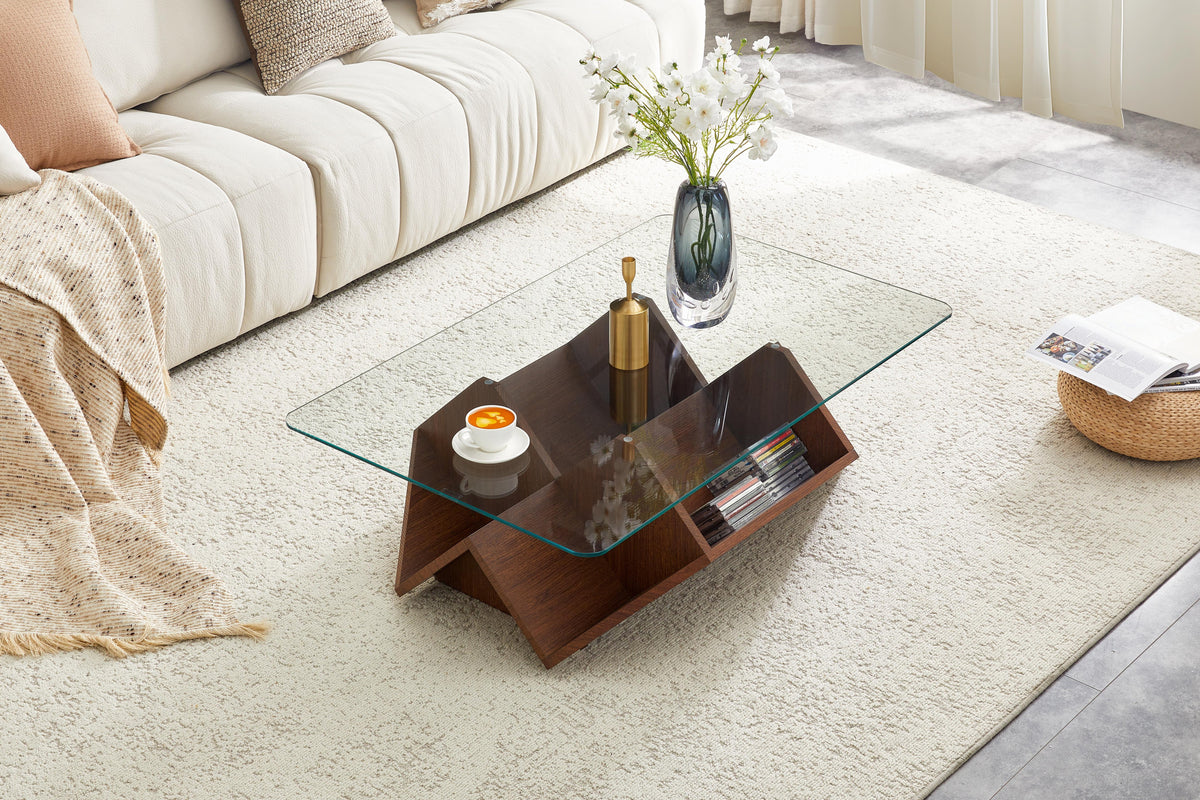 Glass and MDF storage coffee table, walnut