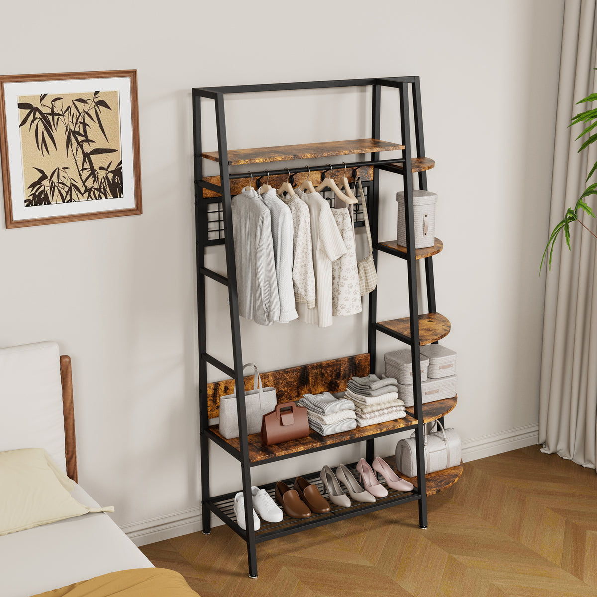 Industrial open coat rack with shelves