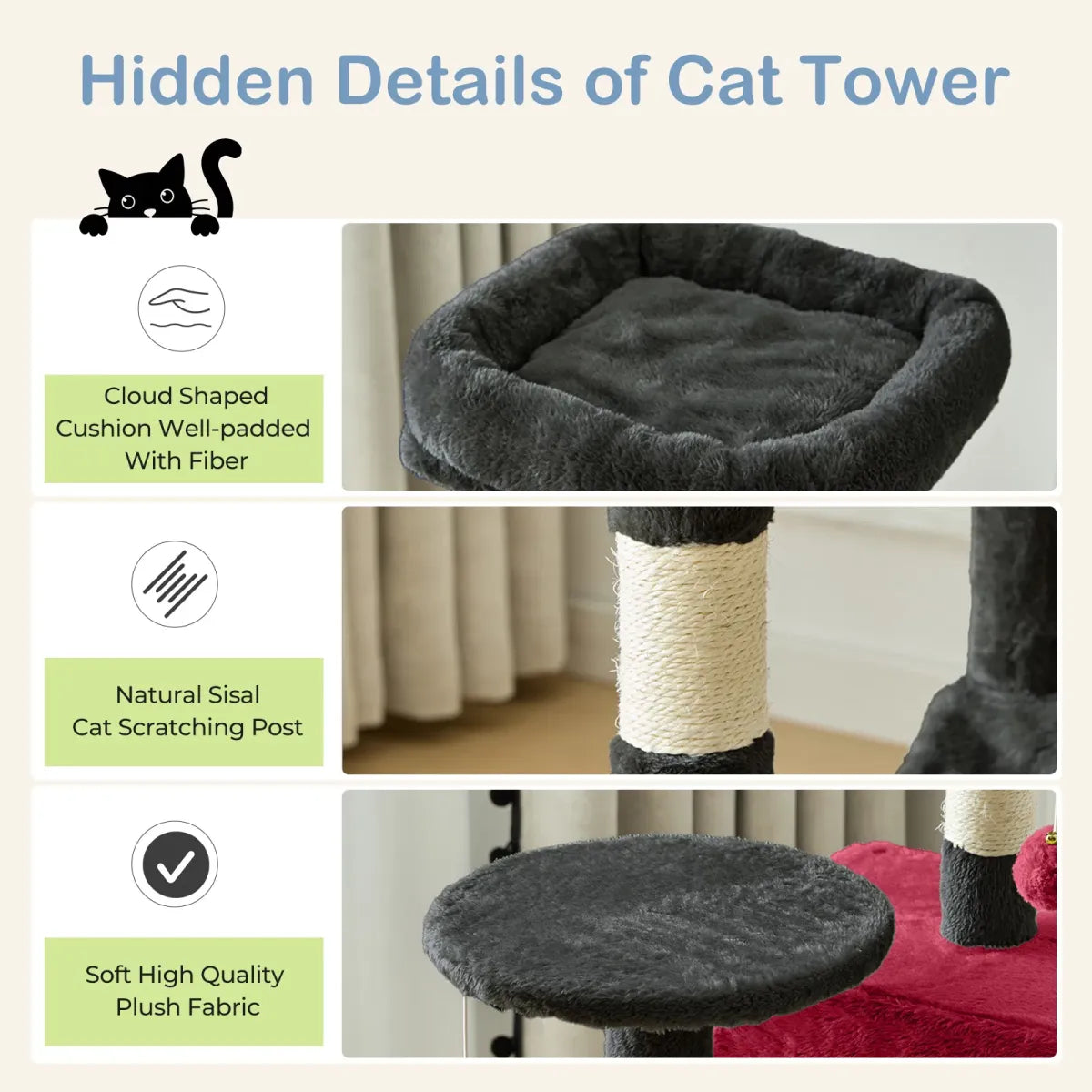 44" Cat Tree Tower with Sisal Scratching Posts, Hammock and Extended Platform, Beige