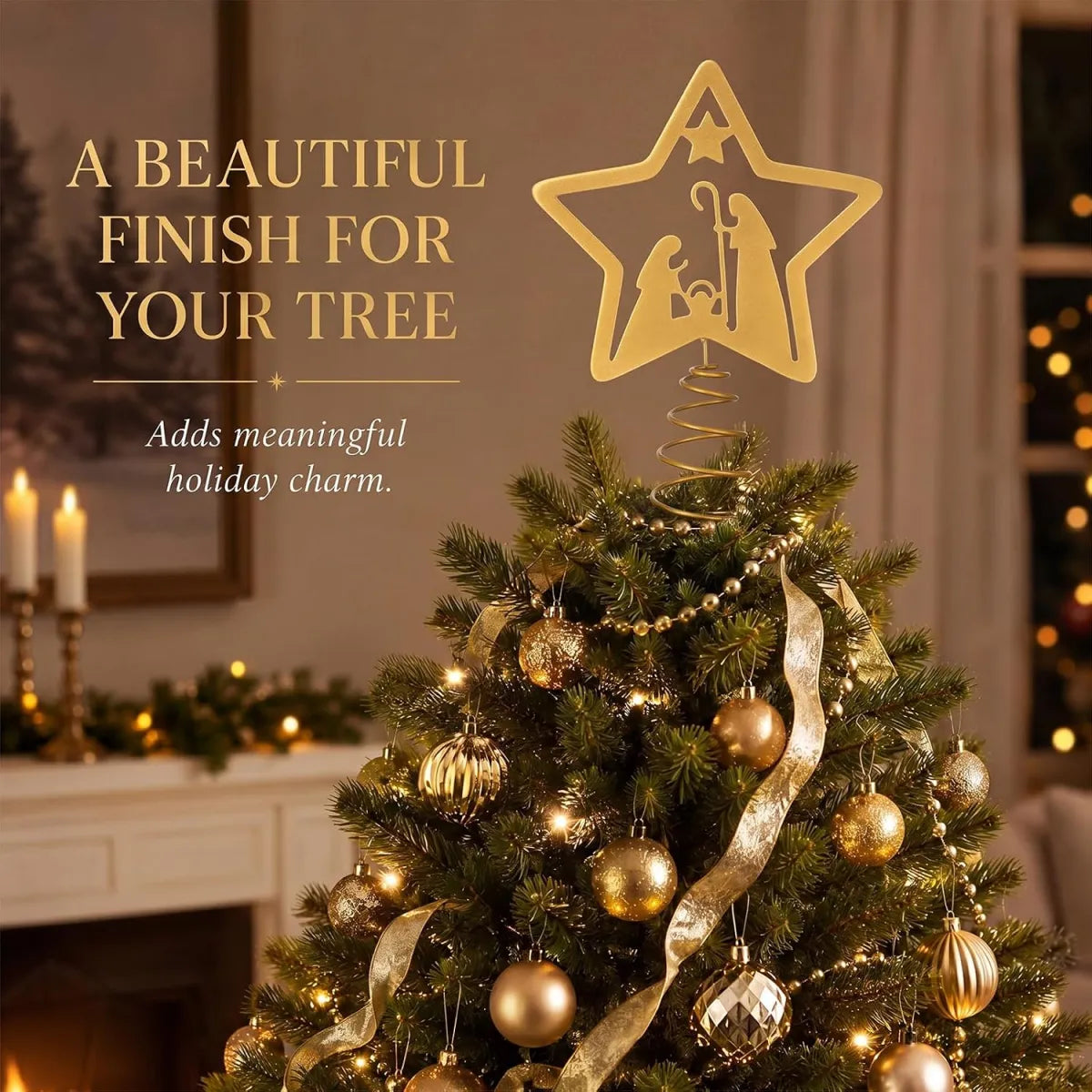 Nativity Christmas Tree Topper, Metal Star