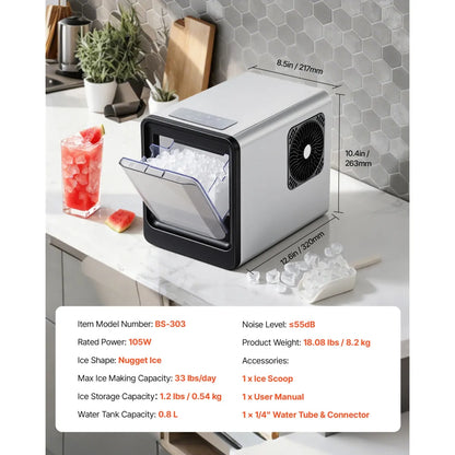Nugget Ice Maker – Countertop Self-Cleaning Machine with Scoop