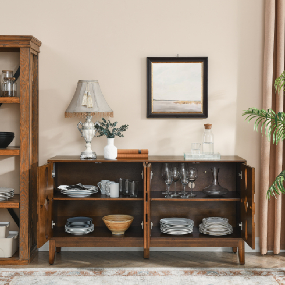 60.5" Mid Century Modern Sideboard Buffet Cabinet – Solid Wood & MDF, Walnut Kitchen & Dining Storage