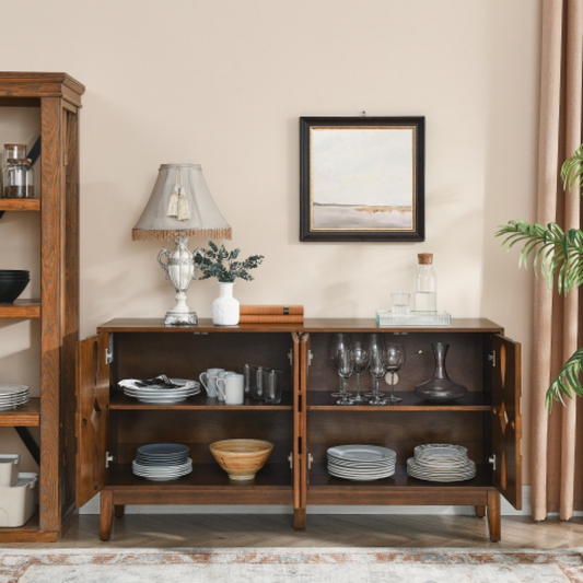 60.5" Mid Century Modern Sideboard Buffet Cabinet – Solid Wood & MDF, Walnut Kitchen & Dining Storage