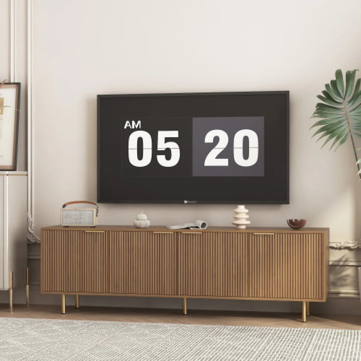 68" Fluted Wood TV Stand – Entertainment Center with Storage Doors, Wood Grain – view 2