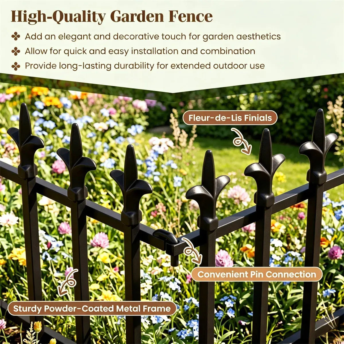 Foldable Decorative Metal Garden Border Fence, 10-Pack, Black