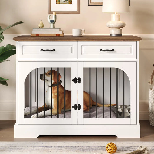Farmhouse Dog Crate Furniture with Storage Drawers, White Brown