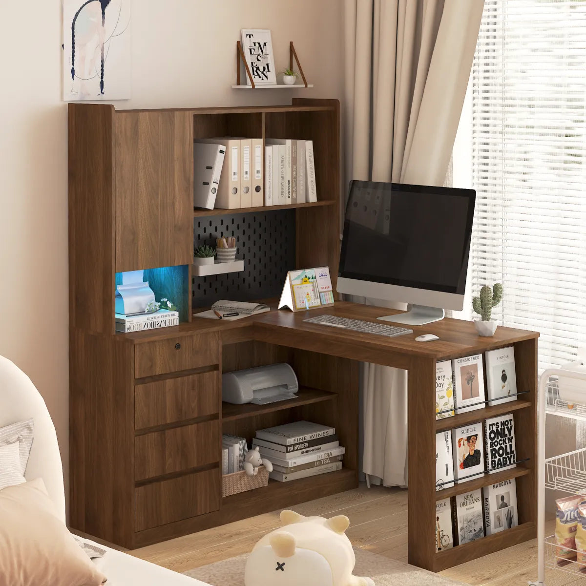 L-Shaped Corner Desk with Bookshelf & LED Light