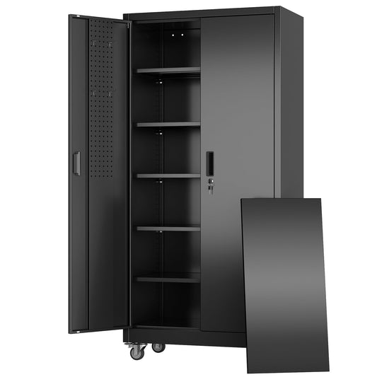 Lockable metal storage cabinet with pegboard, black