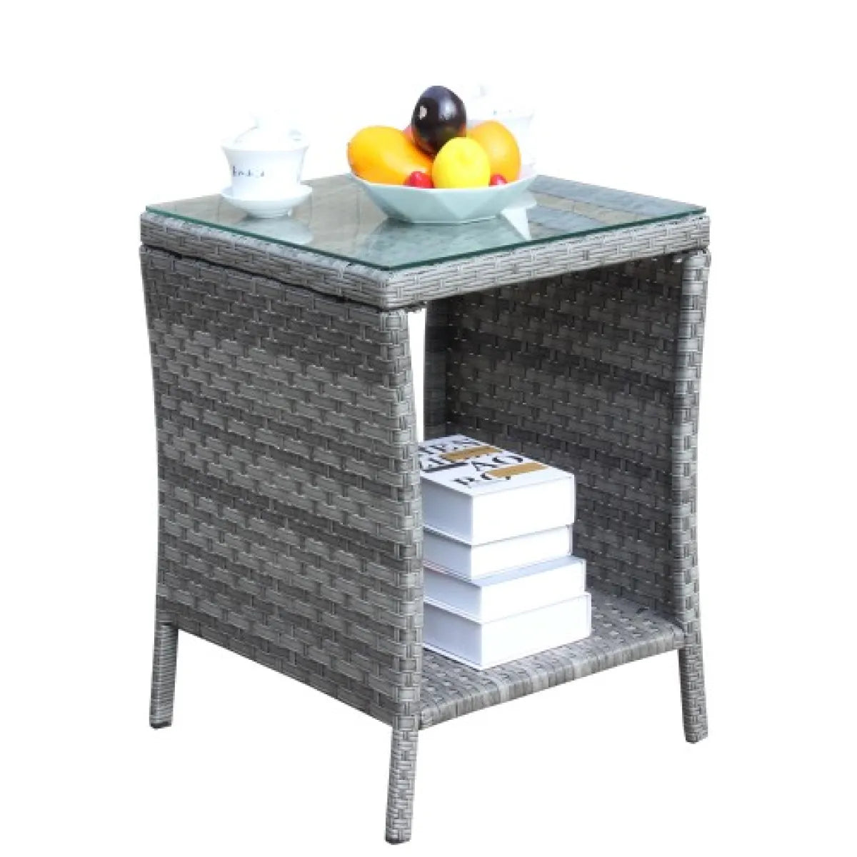 Outdoor Wicker Side Table with Clear Tempered Glass Top
