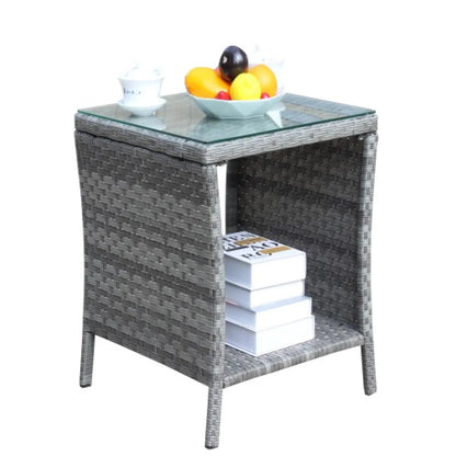 Outdoor Wicker Side Table with Clear Tempered Glass Top