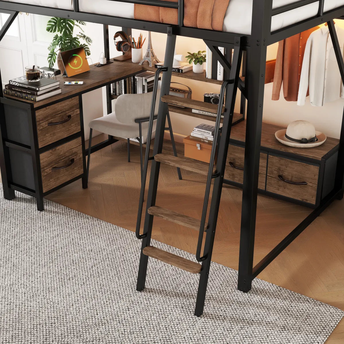 Full Size Metal Loft Bed with Desk, Wardrobe & Storage Shelves – view 5