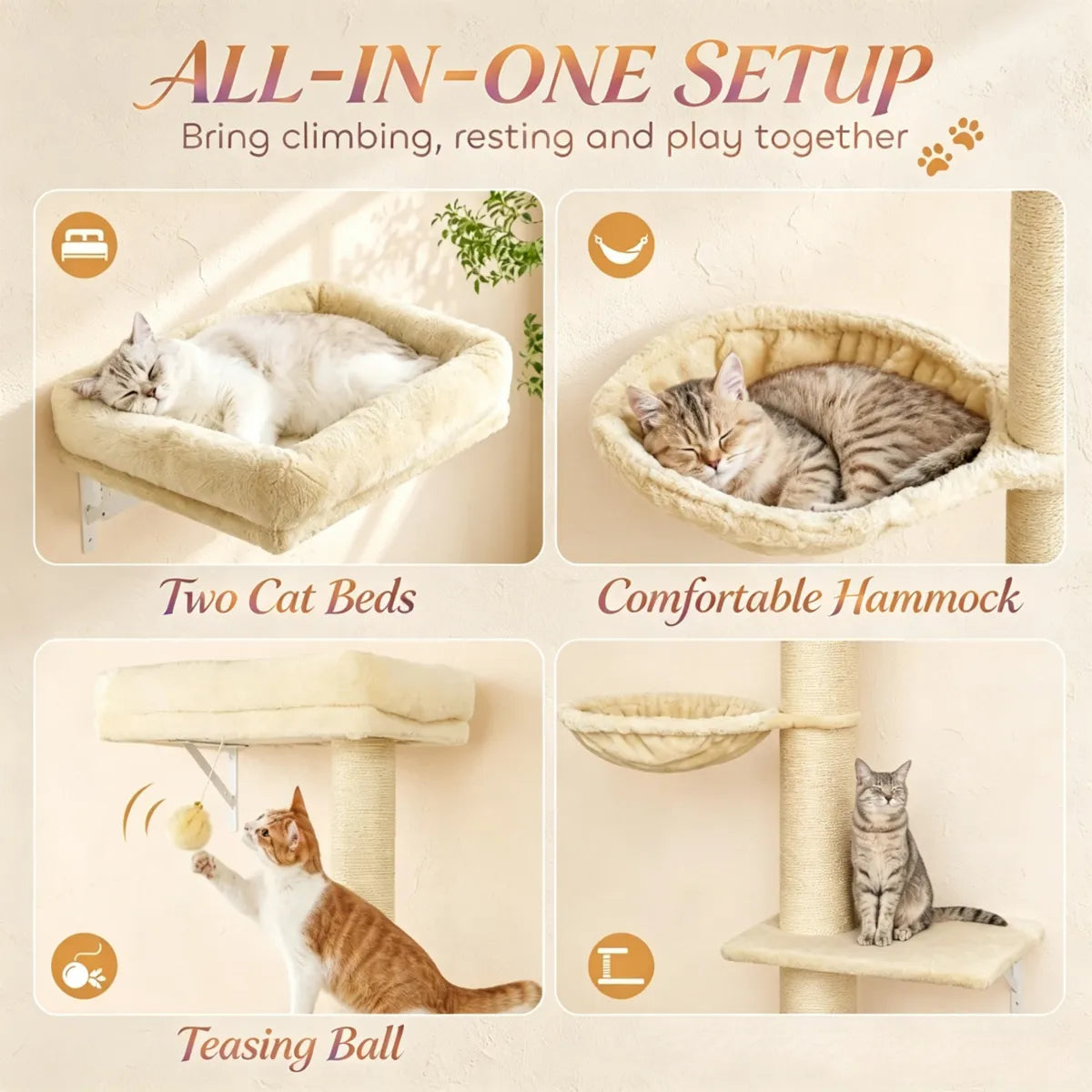 3-in-1 Cat Wall Shelves Furniture Set, Beige
